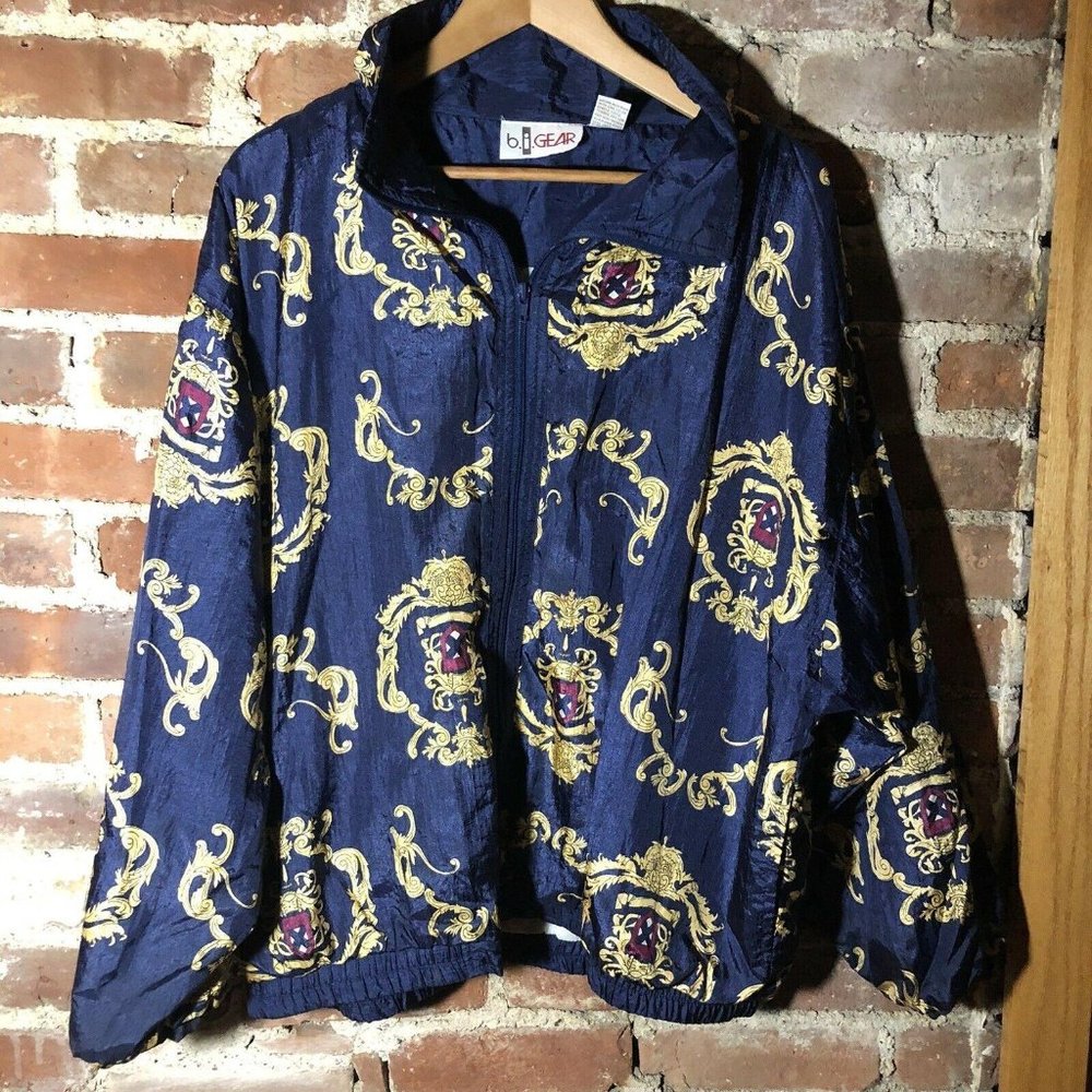 Vintage 90s BI Gear Nylon Shell Windbreaker Navy w Gold Royal Motif L EUC!!
